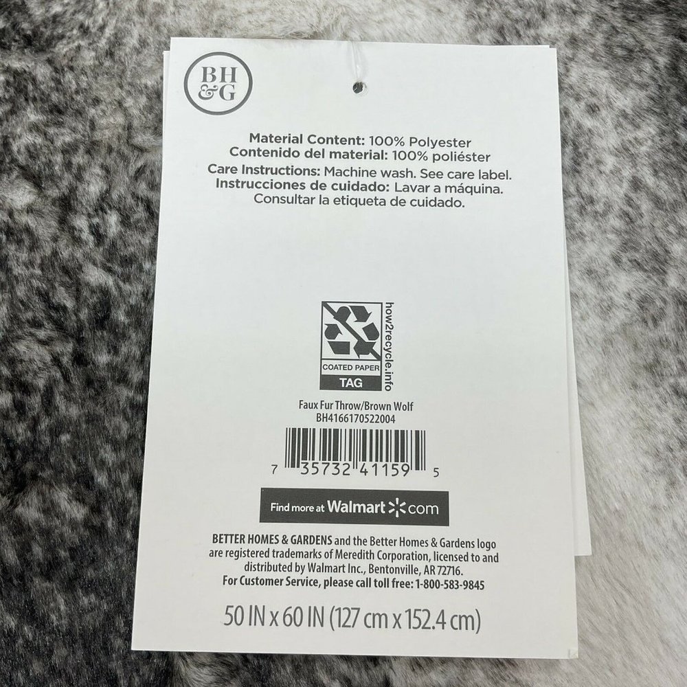 Better Homes & Gardens Blanket Faux Fur & Sherpa Throw 60" Brown Wolf Animal Nwt - Picture 4 of 7